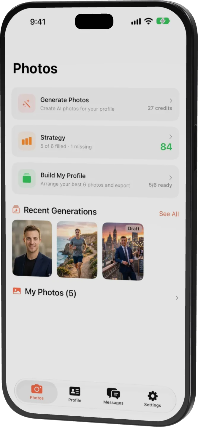Matchframe Photos screen showing generate, strategy score 84 and recent generations