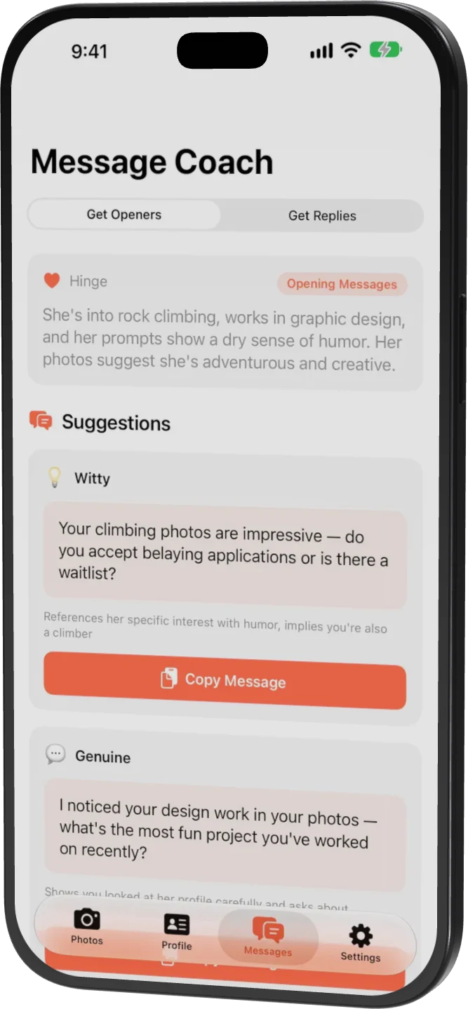Matchframe Message Coach screen with suggested openers for a Hinge match