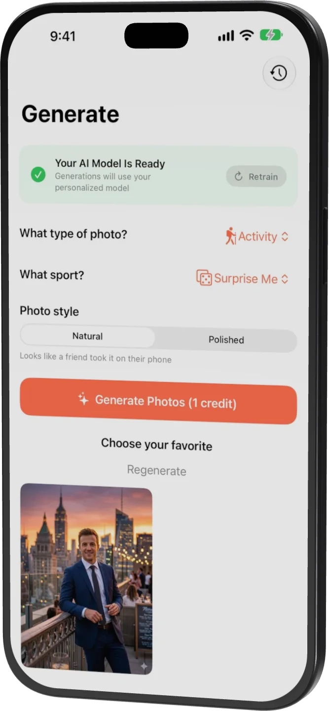 Matchframe Generate screen with photo type, sport and style options and a generated city photo