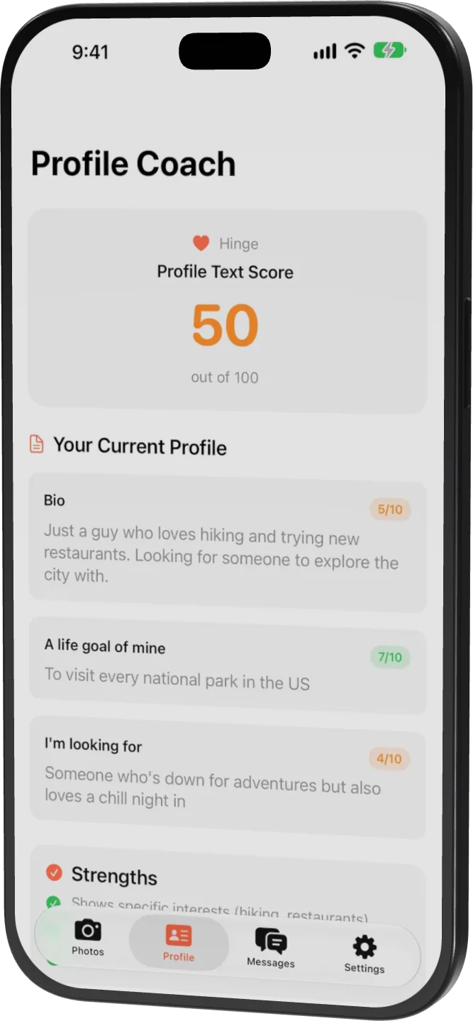 Matchframe Profile Coach screen showing a Hinge profile text score of 50 out of 100
