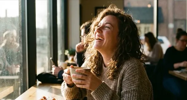 Example candid photo: a woman laughing with a coffee cup by a café window