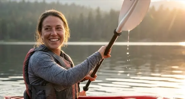 Example activity photo: a smiling woman paddling a kayak on a lake at sunset
