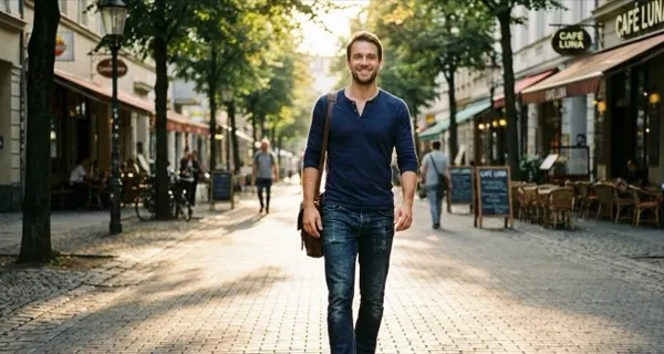 Example full-body photo: a man walking down a tree-lined street in soft evening light